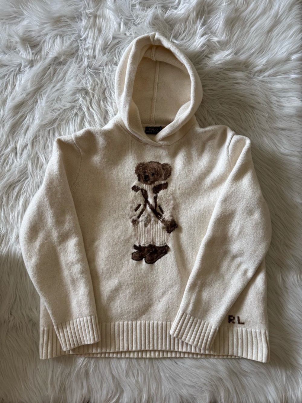 Polo Ralph Lauren Shearling Bear Hoodie Sweater Cream XXL